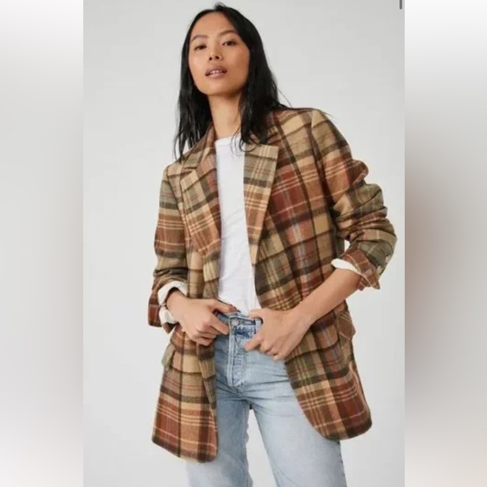 Free People Brown and Tan Blazer with Classic Plaid Design